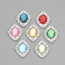 Honeyhandy Alloy Rhinestone Flat Back Cabochons, with Acrylic Rhinestone, Oval, Silver Color Plated, Mixed Color, 32x25x4.5mm