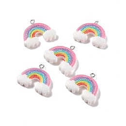 Honeyhandy Opaque Resin Pendants, with Platinum Tone Iron Loops and Glitter Powder, Rainbow with Cloud, Colorful, 22x26x5mm, Hole: 2mm