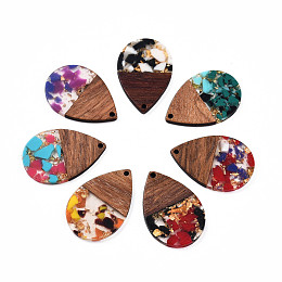 Honeyhandy Transparent Resin & Walnut Wood Pendants, with Gold Foil, Teardrop Charm, Mixed Color, 36x24.5x3mm, Hole: 2mm