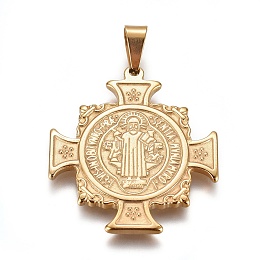 Honeyhandy 304 Stainless Steel Pendants, Cross with Saint Benedict Medal, Golden, 39x35x2.5mm, Hole: 5.5x8.5mm