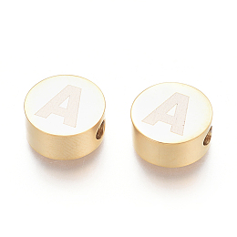 Honeyhandy 304 Stainless Steel Beads, Flat Round with Letter, Letter.A, 10x4.5mm, Hole: 2mm