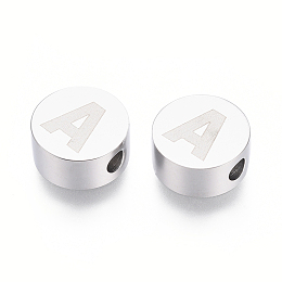 Honeyhandy 304 Stainless Steel Beads, Flat Round with Letter, Letter.A, 10x4.5mm, Hole: 2mm