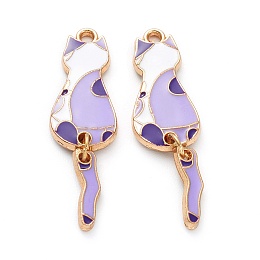 Honeyhandy Alloy Enamel Pendants & Earring, Cat Shape, Plum, 35.5x10x2~4.5mm, Hole: 1.2mm, Pin: 1.5mm