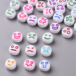 ARRICRAFT White Opaque Acrylic Beads, Flat Round with Expression, Mixed Color, 7x4mm, Hole: 1.6mm