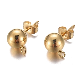 Honeyhandy 304 Stainless Steel Stud Earring Findings, with Loop and Ear Nut/Earring Backs, Real 24K Gold Plated, 11mm, Hole: 1.8mm, Ball: 8mm, Pin: 0.8mm