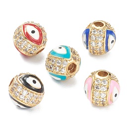 Honeyhandy Brass Micro Pave Cubic Zirconia Charms, with Enamel,  Long-Lasting Plated, Flat Round with Evil Eye, Real 18K Gold Plated  , Mixed Color, 8mm, Hole: 2mm