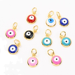 Honeyhandy Brass Enamel Charms, Real 18K Gold Plated, Long-Lasting Plated, with Jump Ring, Flat Round with Evil Eye, Mixed Color, 11x8x3mm, Hole: 3.4mm, Jump Ring:  5x0.8mm