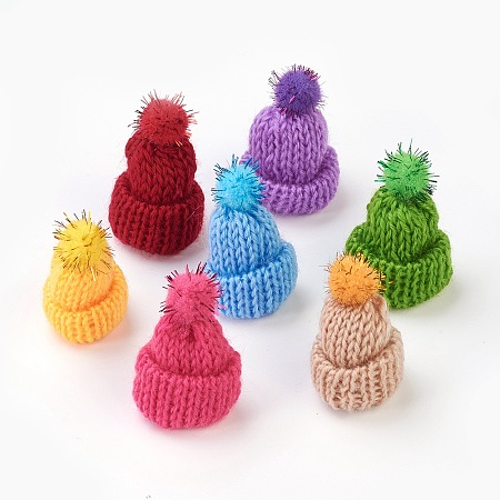 Handmade Wool Woven Hat Decoration, DIY Craft Decoration, with Plastic Paillette, Mixed Color, 33~38x43~48mm