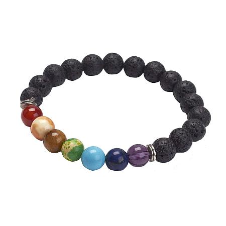 ARRICRAFT 20 Strands Yoga Chakra Jewelry Natural Lava Stretch Bracelets, with Stone and Alloy Beads, Round, Colorful, 2-1/8