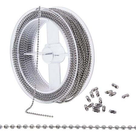 BENECREAT 1.5mm 49 Feet/15M Stainless Steel Extension Beaded Chain Adjustable Ball Chain with 50PCS Matching Connectors, Spool Packaged