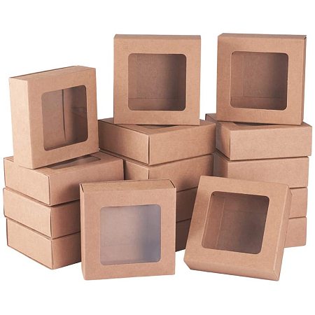 BENECREAT 20 Packs Square Kraft Paper Drawer Boxes with Window 3x3x1.2 Paper Gift Boxes for Bakery Party Favor Treats Storage