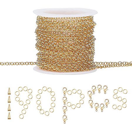 SUNNYCLUE 16 Feet Rolo Golden Brass Cable Chain Necklace Chains Jewelry Making Kit Lobster Claw Clasps Snap on Bails Jump Rings for DIY Necklace Bracelet Jewellery Making Crafts