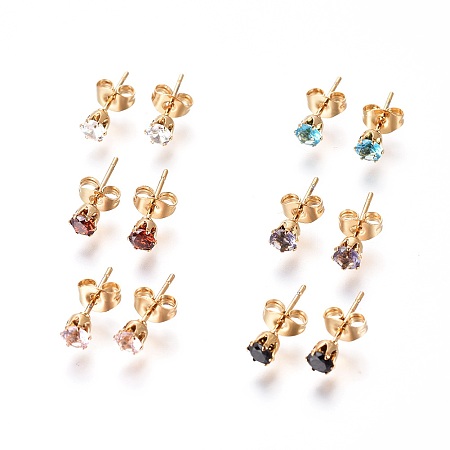 Honeyhandy 304 Stainless Steel Stud Earrings, with Rhinestone and Ear Nuts/Earring Back, Flat Round, Mixed Color, Golden, 14.5x4mm, Pin: 0.7mm, 12pairs/card