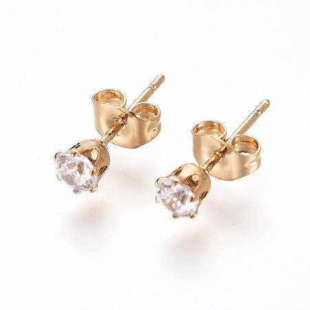 Honeyhandy 304 Stainless Steel Stud Earrings, with Rhinestone and Ear Nuts/Earring Back, Flat Round, Crystal, Golden, 14.5x4.5mm, Pin: 0.6mm, 12pairs/card