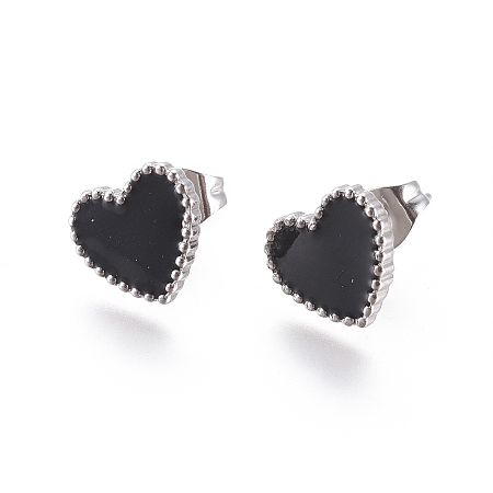 Honeyhandy 304 Stainless Steel Stud Earrings, with Enamel and Ear Nuts, Heart, Black, Stainless Steel Color, 9.5x10.5x1.5mm, Pin: 0.6mm, 6pairs/card