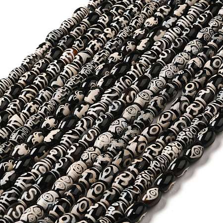 Tibetan Style dZi Beads Strands, Natural & Dyed Agate Beads, Rice, Black, Mixed Patterns, 13~14x9.5~10mm, Hole: 1.4mm, about 25pcs/strand, 13.58 inch(34.5cm)