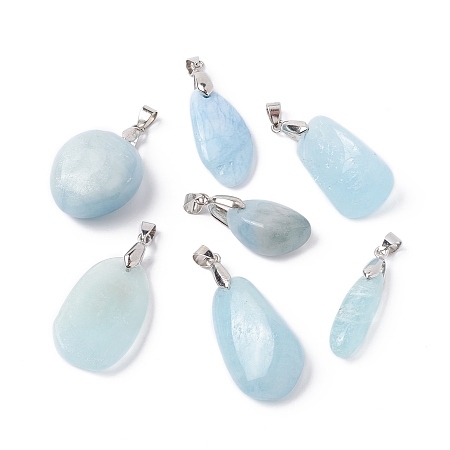 Honeyhandy Natural Aquamarine Pendants, with Silver or Platinum Tone Brass Snap on Bails, Nuggets, 19.5~45x8.5~35x6~19mm, Hole: 6x4mm