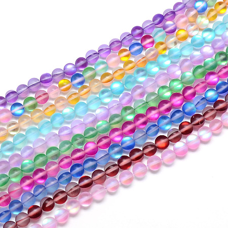 Synthetic Moonstone Beads Strands, Holographic Beads, Dyed, Frosted, Round, Mixed Color, 6mm, Hole: 1mm; about 62pcs/strand, 15.5 inches