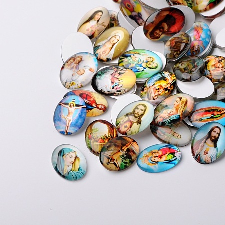 Honeyhandy Jesus and the Virgin Printed Glass Oval Cabochons, Mixed Color, 25x18x6mm