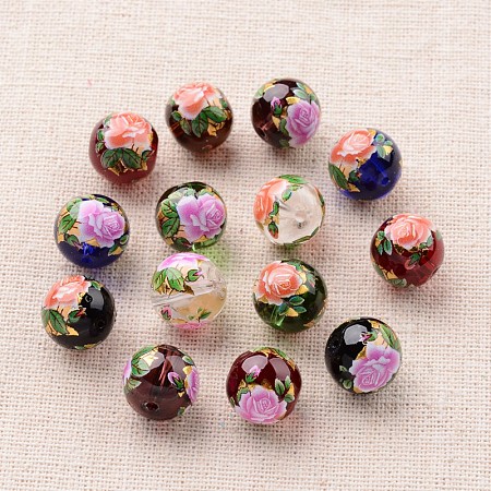 NBEADS Flower Picture Printed Glass Round Beads, Mixed Color, 12mm, Hole: 1mm