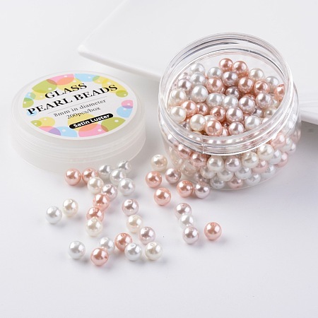 Glass Pearl Bead Sets, Barely Pink Mix, Environmental, Round, Dyed, Mixed Color, 8mm, Hole: 0.7~1.1mm; about 200pcs/box.