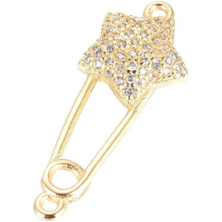 NBEADS 5 Pcs Brass Micro Pave Cubic Zirconia Links with Star Ornaments, Golden Color Safety Pin Shape Rhinestone Link Charms Loose Connector Pendants for DIY Jewelry Making