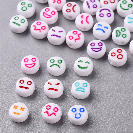 Honeyhandy White Opaque Acrylic Beads, Flat Round with Expression, Mixed Color, 7x4mm, Hole: 1.6mm, about 3650pcs/500g