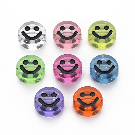Transparent Acrylic Beads, with Glitter Powder, Flat Round with Black Enamel Smile Face, Mixed Color, 10x5mm, Hole: 2mm, about 1450pcs/500g