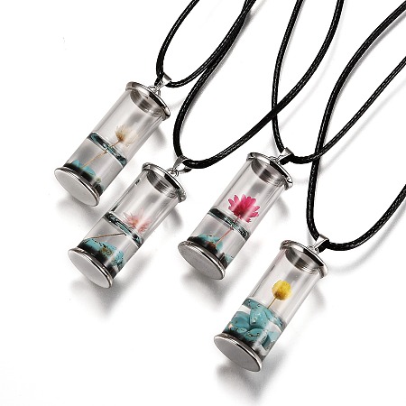 Honeyhandy Glass Wishing Bottle Leather Cord Pendant Necklaces, with Dried Flower & Natural Gemstone Chip Beads Inside, Platinum, Mixed Color, 17-3/8 inch(44.05cm)