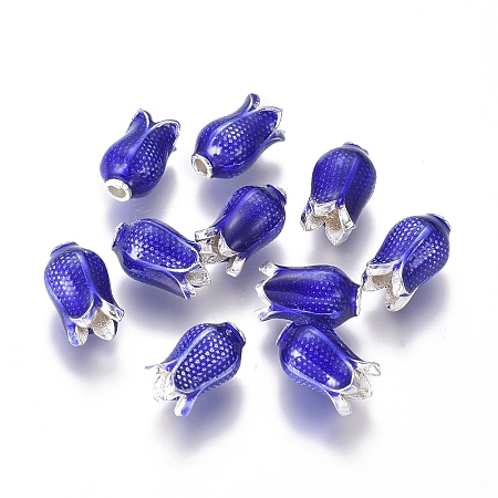 Alloy Enamel Beads, Flower, Blue, Silver Color Plated, 11x7mm, Hole: 1.8mm; Inner Diameter: 3.5mm