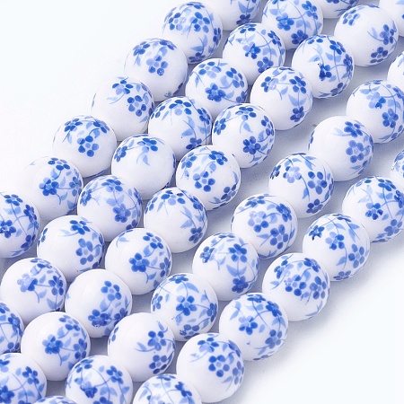Handmade Flower Printed Porcelain Ceramic Beads Strands, Round, Blue, 10~10.5mm, Hole: 2mm; about 35pcs/strand, 13.2 inches(33.5cm)