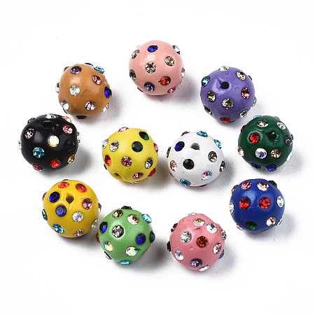 Polymer Clay Rhinestone Beads, Pave Disco Ball Beads, Round, Mixed Color, PP15(2.1~2.2mm), 9~10.5x9mm, Hole: 1.2mm