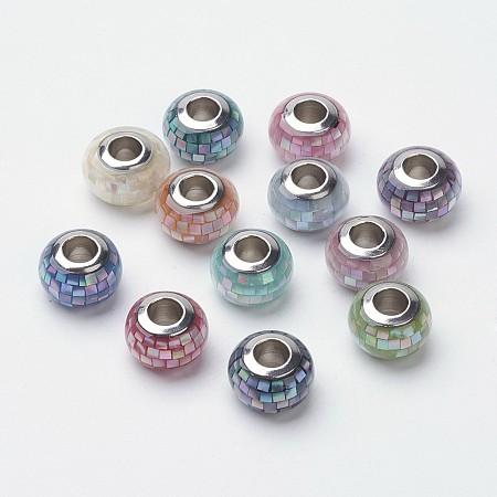 Arricraft Resin European Beads, Large Hole Beads, with Silver Color Plated Brass Cores, Rondelle, Mixed Color, 14x9~9.5mm, Hole: 5mm