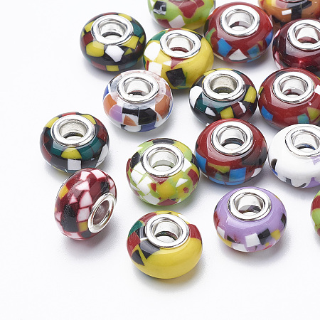 Arricraft 304 Stainless Steel Resin European Beads, with Shell and Enamel, Rondelle, Large Hole Beads, Mixed Color, 12x8mm, Hole: 5mm