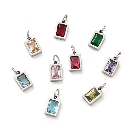 Honeyhandy 304 Stainless Steel Pendants, with Cubic Zirconia and Jump Rings, Single Stone Charms, Rectangle, Stainless Steel Color, Mixed Color, 9.5x6x3mm, Hole: 3.6mm