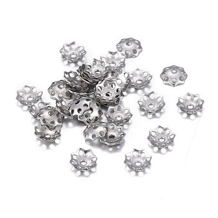 Honeyhandy 201 Stainless Steel Bead Caps, Flower, 8-petal, Stainless Steel Color, 4.5~5x1mm, Hole: 0.8mm