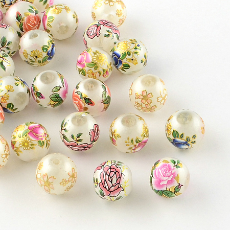 NBEADS Rose Flower Pattern Printed Round Glass Beads, Imitation Pearl Beads, Mixed Color, 10x9mm, Hole: 1.5mm