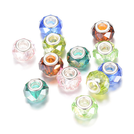 Arricraft Glass European Beads, Large Hole Beads, with Silver Color Plated Brass Cores, Rondelle, Mixed Color, 11.5~12x9~10mm, Hole: 5mm