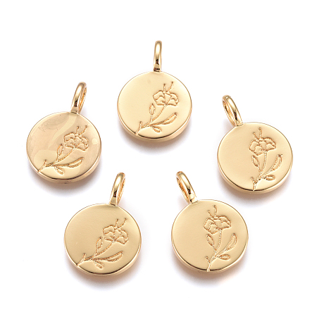 Honeyhandy Brass Pendants, Flat Round with Leaves, Golden, 17.5x12x4.5mm, Hole: 4x2.5mm