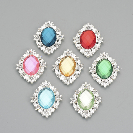 ARRICRAFT Alloy Rhinestone Flat Back Cabochons, with Acrylic Rhinestone, Oval, Silver Color Plated, Mixed Color, 32x25x4.5mm