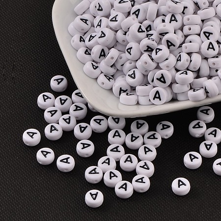 Honeyhandy Acrylic Beads, with Horizontal Hole, Letter, Flat Round, Letter.A, 7x4mm, Hole: 1mm, about 146pcs/20g