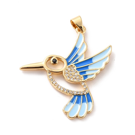 ARRICRAFT Brass Micro Pave Clear Cubic Zirconia Pendants, with Enamel, Long-Lasting Plated, Real 18K Gold Plated, Bird, Light Sky Blue, 33.5x31x2mm, Hole: 3x4mm