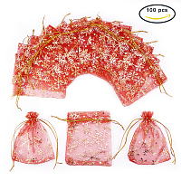 PandaHall Elite 100 PCS 4 x 4.7 Inches Golden Snowflake Printed Bags Jewelry Pouch Bags Organza Drawstring Pouches Wedding Favors Candy Bags, Red