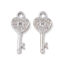 Honeyhandy Alloy Crystal Rhinestone Pendants, Heart Key Charm, Platinum, 25x11x2mm, Hole: 2.5mm