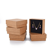 Honeyhandy Cardboard Jewelry Set Box, for Ring, Earring, Necklace, with Sponge Inside, Square, Tan, 7.6x7.6x3.2cm, Inner Size: 6.9x6.9cm, Without Lid Box: 7.2x7.2x3.1cm