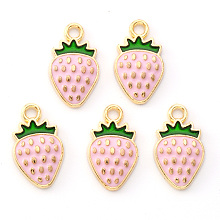 Honeyhandy Light Gold Plated Alloy Enamel Pendants, Strawberry, Pearl Pink, 16.8x10x1.5mm, Hole: 1.8mm