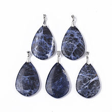 Honeyhandy Natural Sodalite Big Pendants, with Platinum Tone Brass Ice Pick Pinch Bails, Teardrop, 57x37x9mm, Hole: 5x4mm