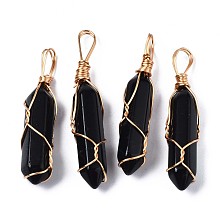 Honeyhandy Natural Black Stone Big Pendants, with Golden Brass Findings, Hexagonal Prisms, 44.5~52x10~11x9.5~10.5mm, Hole: 4x7mm