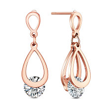 SHEGRACE Titanium Steel Dangle Stud Earrings, with Grade AAA Cubic Zirconia, teardrop, Clear, Rose Gold, 7.5x4.5mm, 12.9x7.5mm