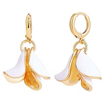 Arricraft White Enamel Lilies Flower Dangle Hoop Earrings, Brass Jewelry for Women, Golden, 32.5x18mm, Pin: 1mm